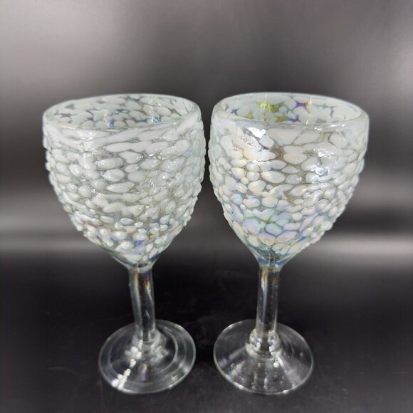 White Graniti Iridescent Art Glass Goblet Set 2 Barware Glasses Textured Cups - Picture 15 of 16